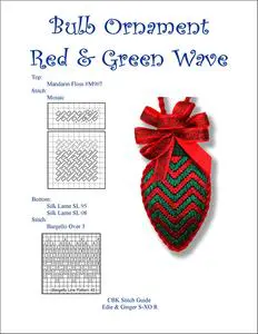 Red and green ball ornament with a needlepoint stitch guide for creating a beautiful wave design.