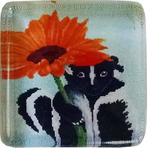A square glass plate with a skunk holding a flower, adorned with needlepoint and magnets on the back.