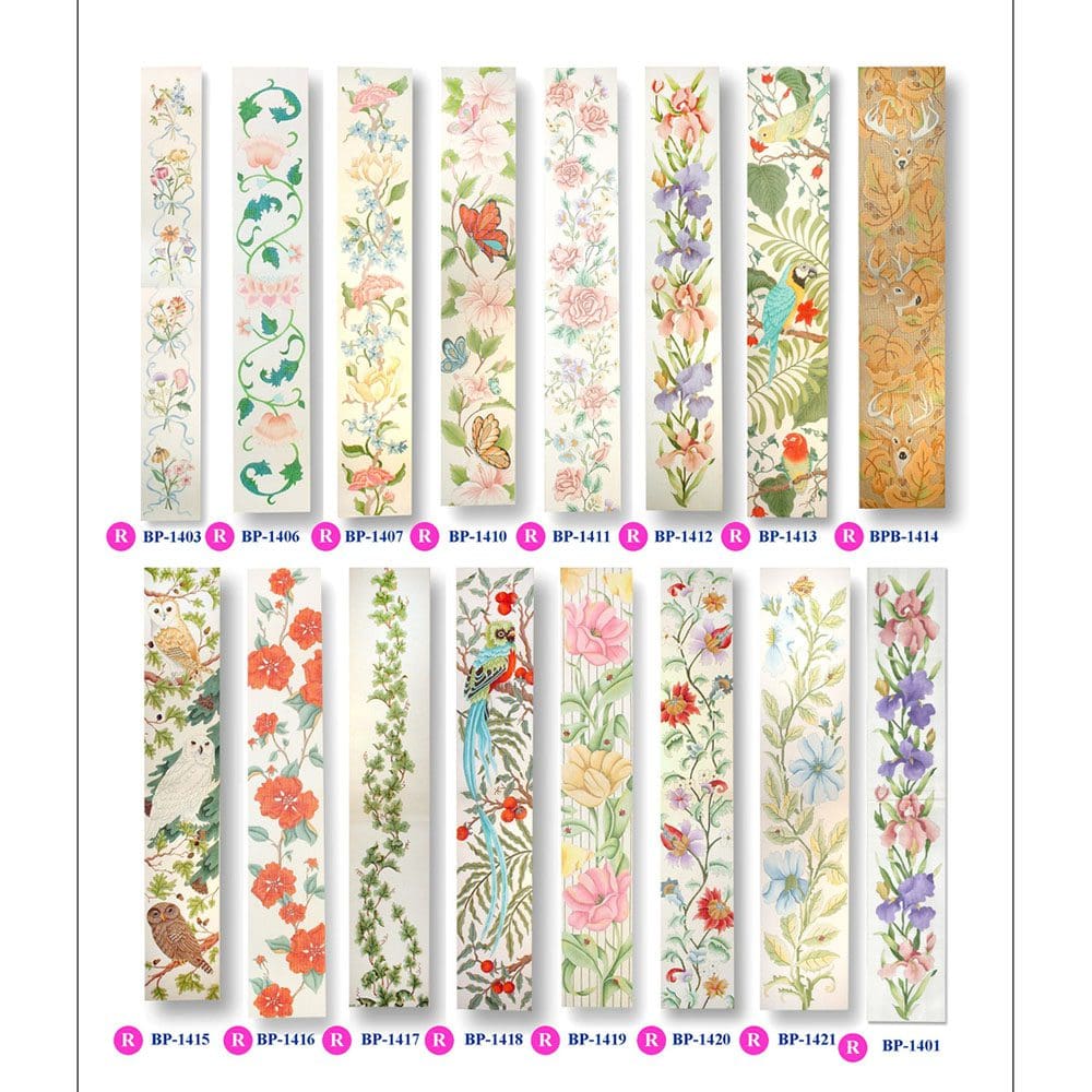 A collection of beautifully hand-painted bookmarks featuring intricate needlepoint designs, adorned with charming flowers.