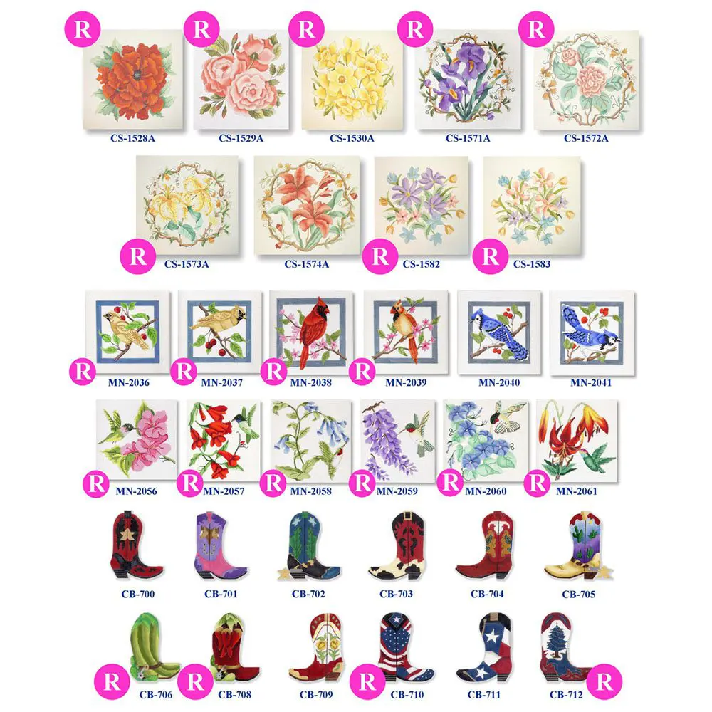 A list of different types of flowers and cowboy boots featuring hand-painted needlepoint canvases.
