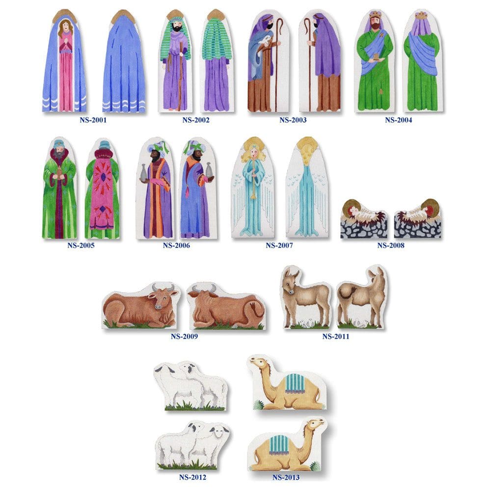 A group of nativity scenes with different colors and sizes.