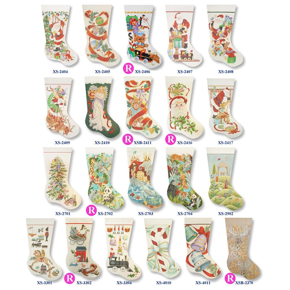 A collection of hand-painted Christmas stockings with different designs.