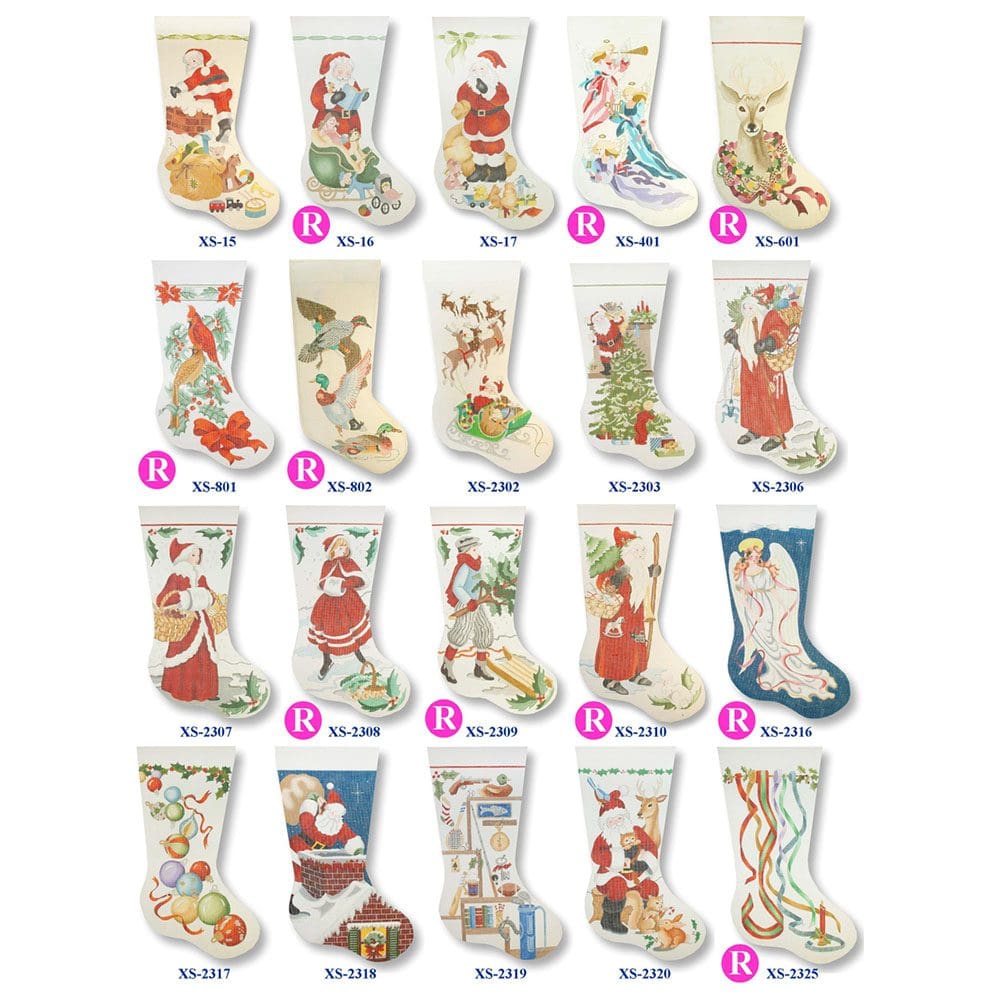 Christmas stockings featuring hand-painted Santa Claus needlepoint canvases.