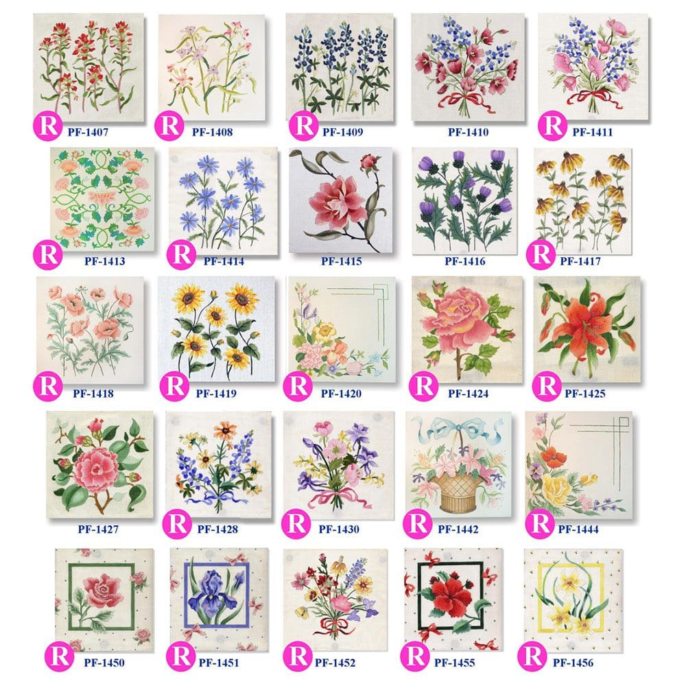 A chart showcasing various designs of hand-painted flower needlepoint canvases.