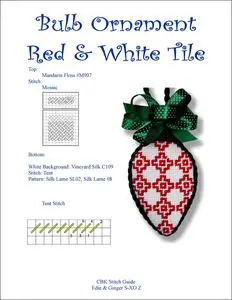 A cross stitch pattern for a red and white ornament with Needlepoint Stitch Guides.