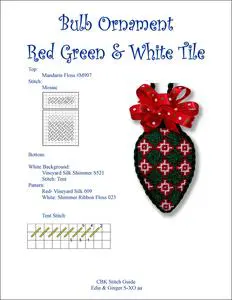 Bulb ornament with red, green, and white needlepoint stitch guides.