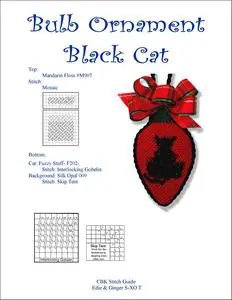 A black cat ornament with a red bow, perfect for needlepoint enthusiasts looking for stitch guides.