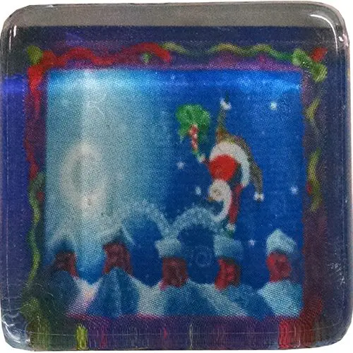 A square shaped christmas picture with santa flying over the sky.