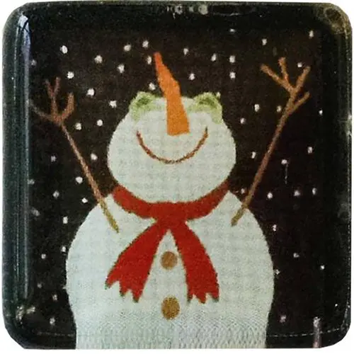 A square shaped tile with a snowman on it.