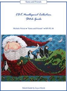 A cross stitch pattern with santa claus and penguins, perfect for needlepoint enthusiasts looking for stitch guides.