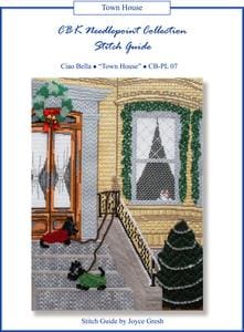 A needlepoint stitch guide featuring a picture of a dog on a porch.
