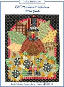 A quilt with a turkey and leaves on it, featuring intricate needlepoint stitch guides.