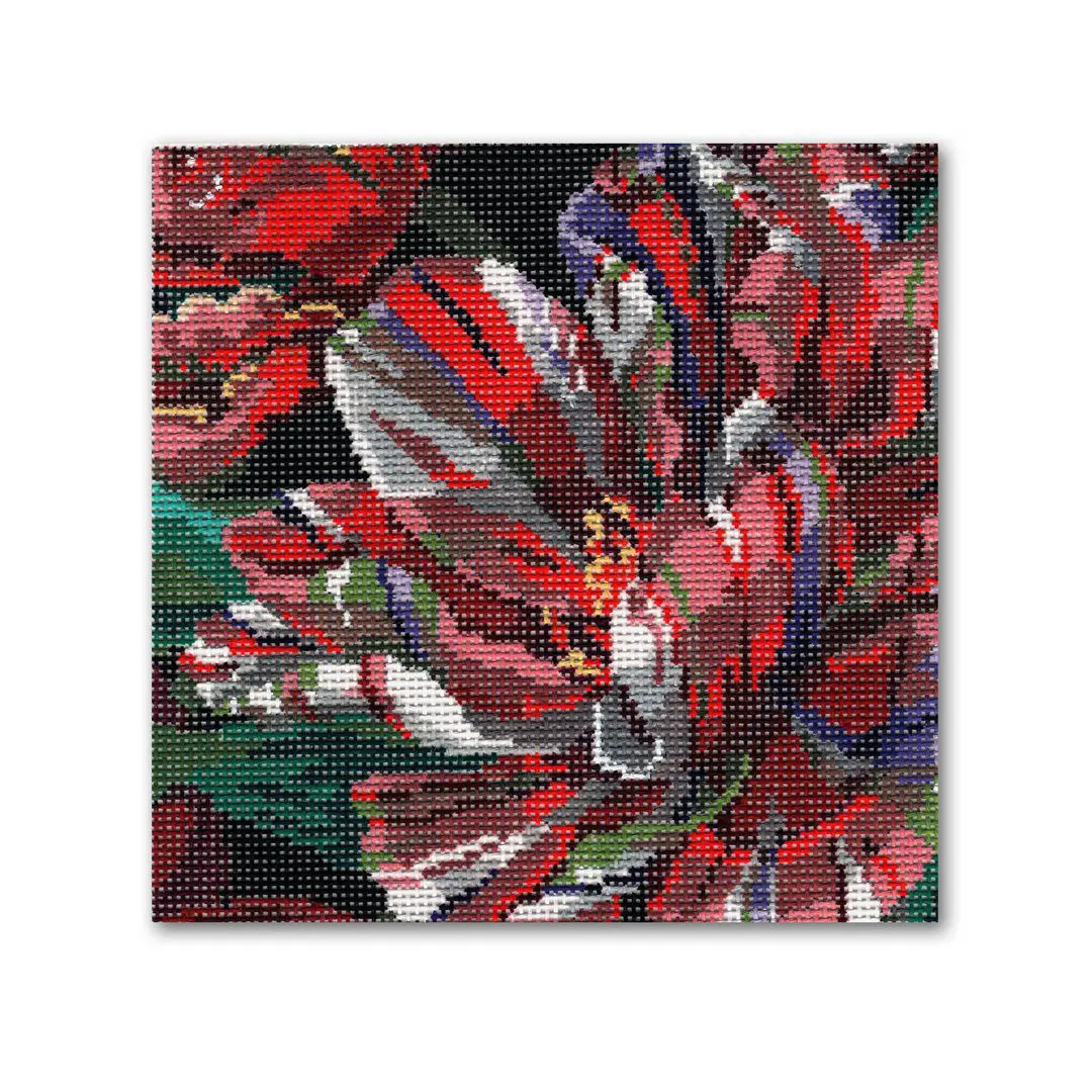 Cecilia Ohm Eriksen's vibrant red and white flower on canvas.