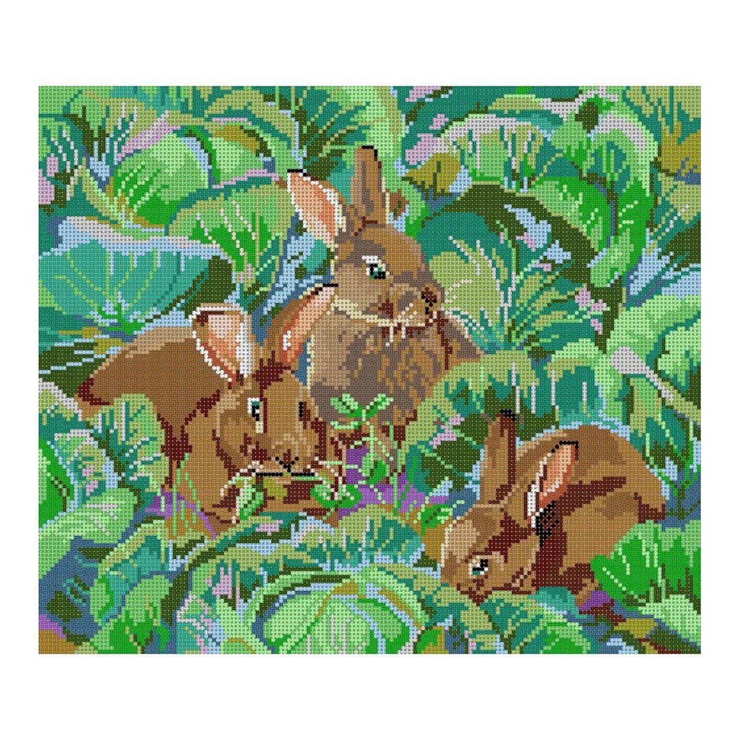 A cross stitch picture of two rabbits in a field.
