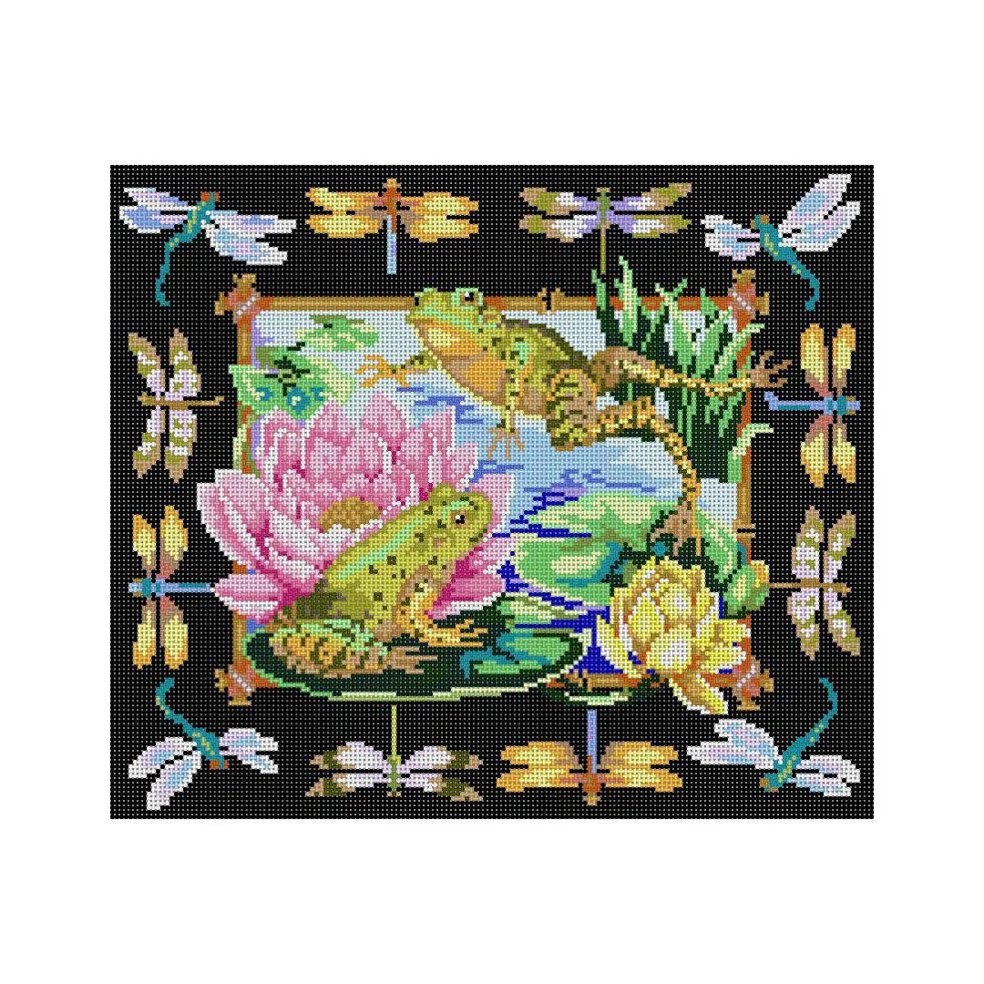 A cross stitch pattern featuring frogs and water lilies designed by Cecilia Ohm Eriksen.
