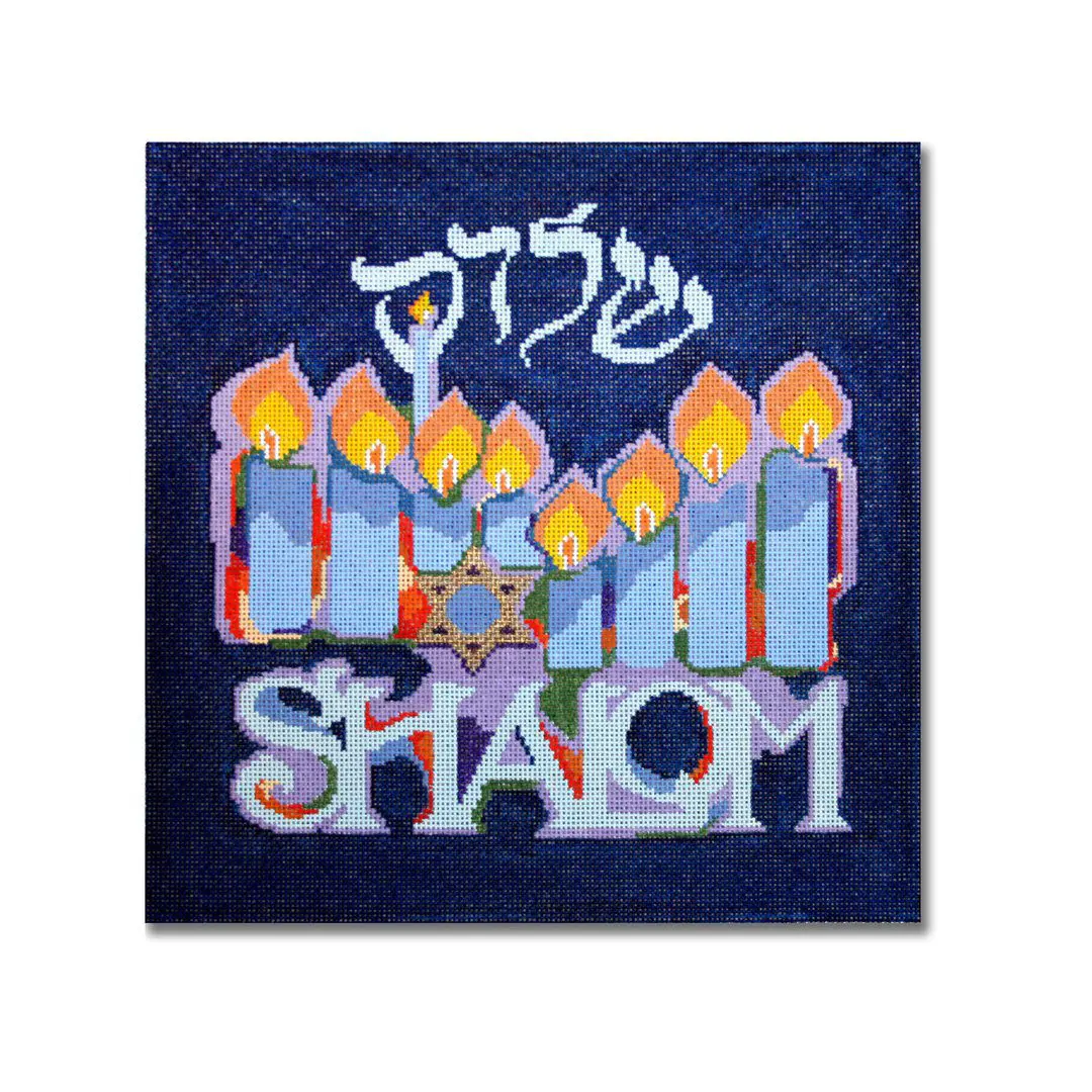 A painting by Cecilia Ohm Eriksen depicting candles and the word shalom.