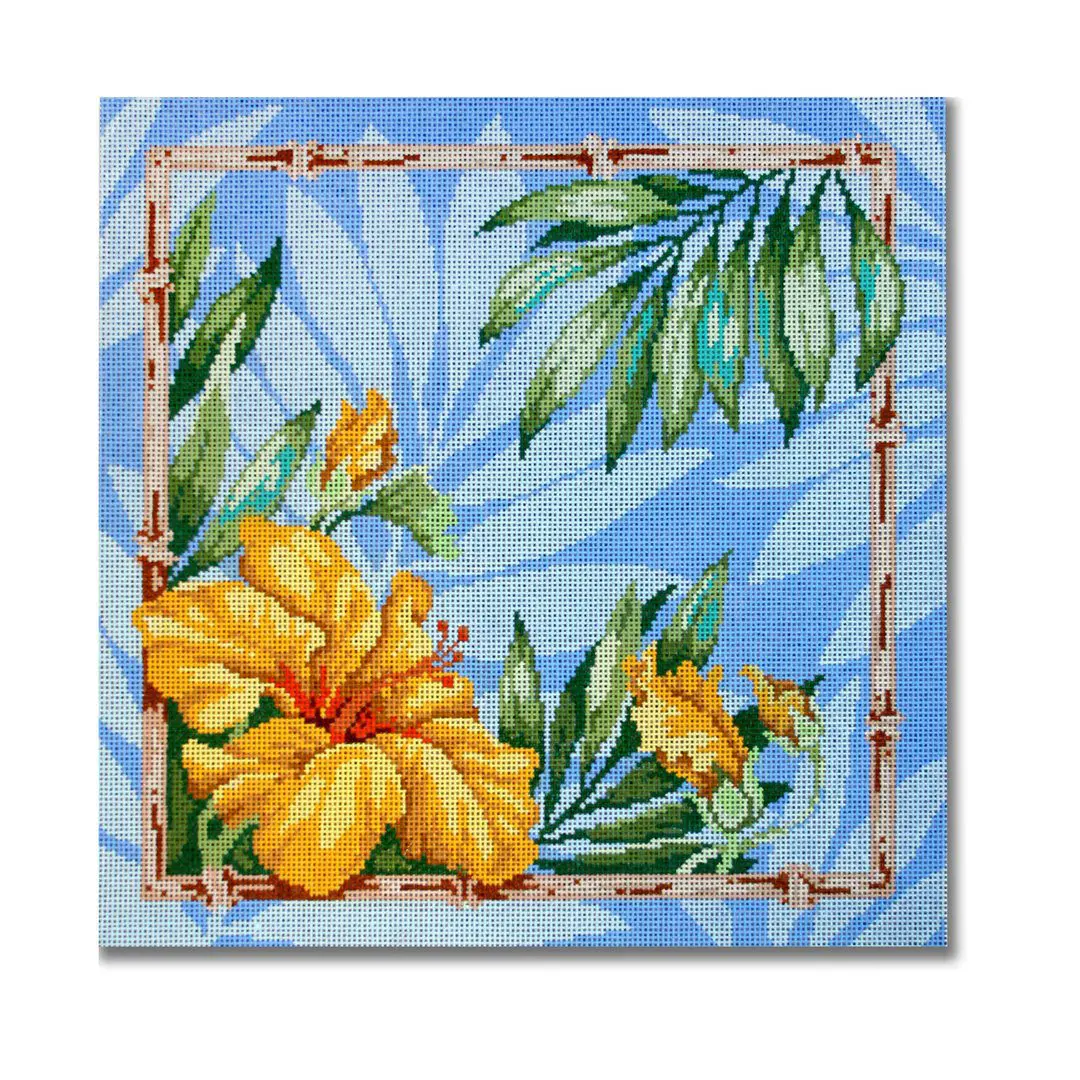 Cecilia Ohm Eriksen's painting of hibiscus flowers on a blue background.