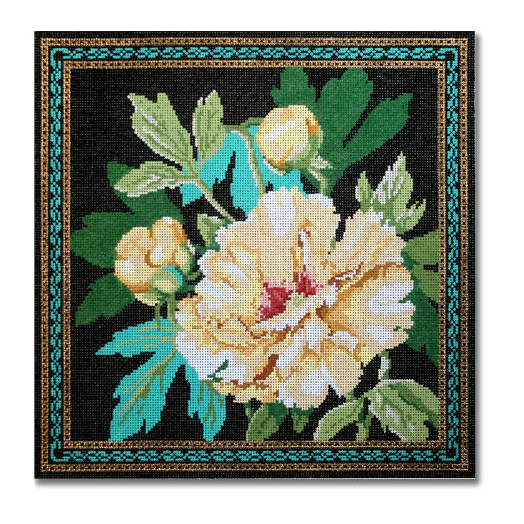 A black frame with a peony flower on it, designed by Cecilia Ohm Eriksen.