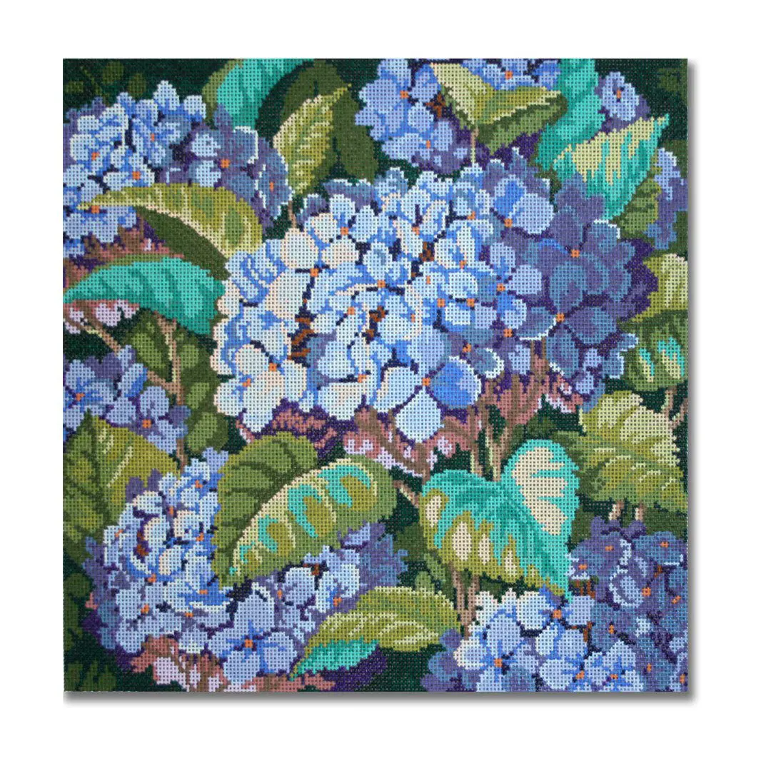 A painting by Cecilia Ohm Eriksen featuring blue flowers on a black background.