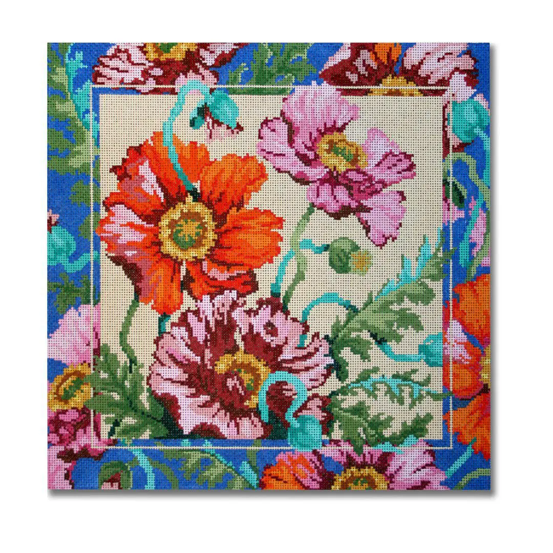 A blue background featuring a vibrant floral design in red and orange.