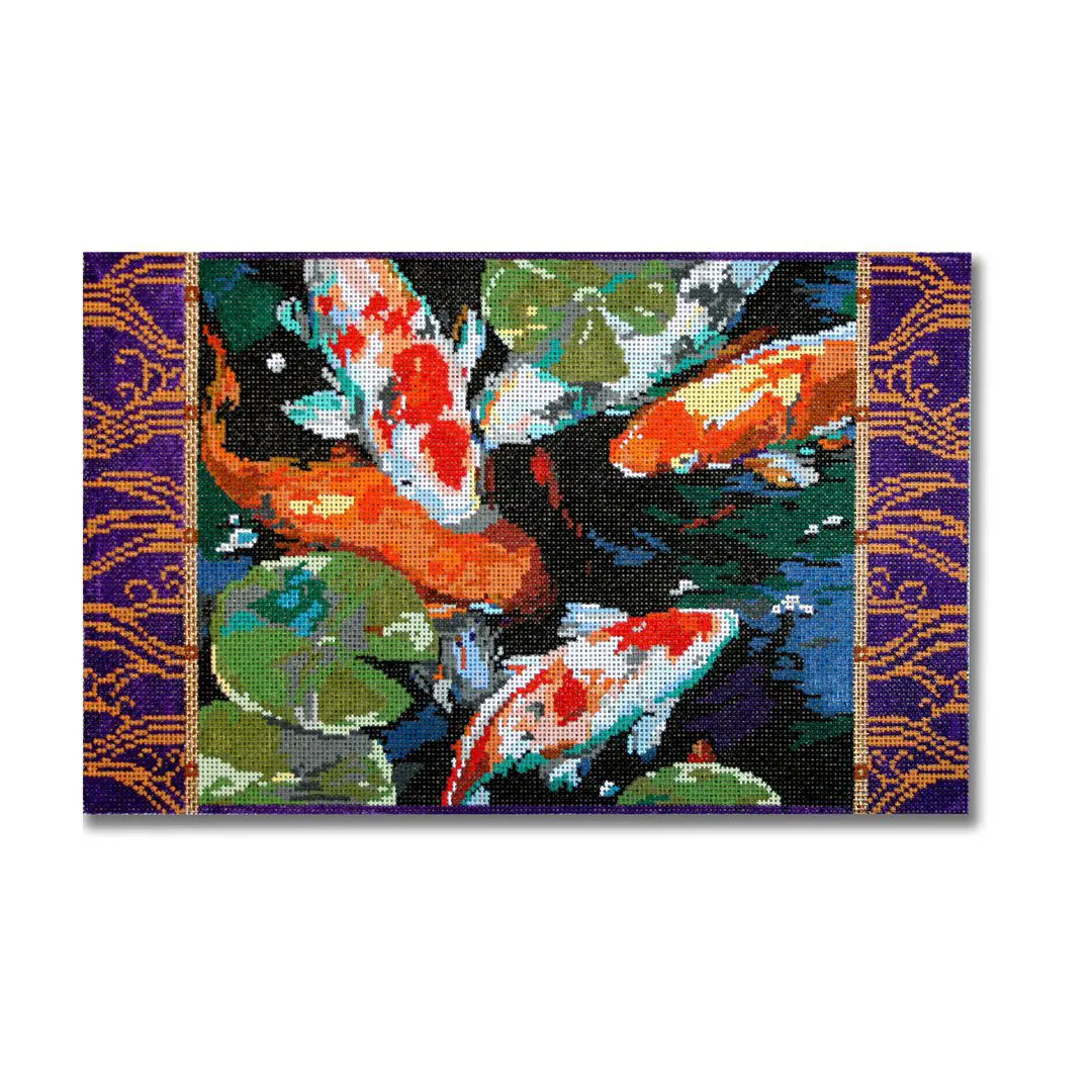 Cecilia Ohm Eriksen's mesmerizing painting showcases beautiful koi fish gracefully swimming in a tranquil pond.