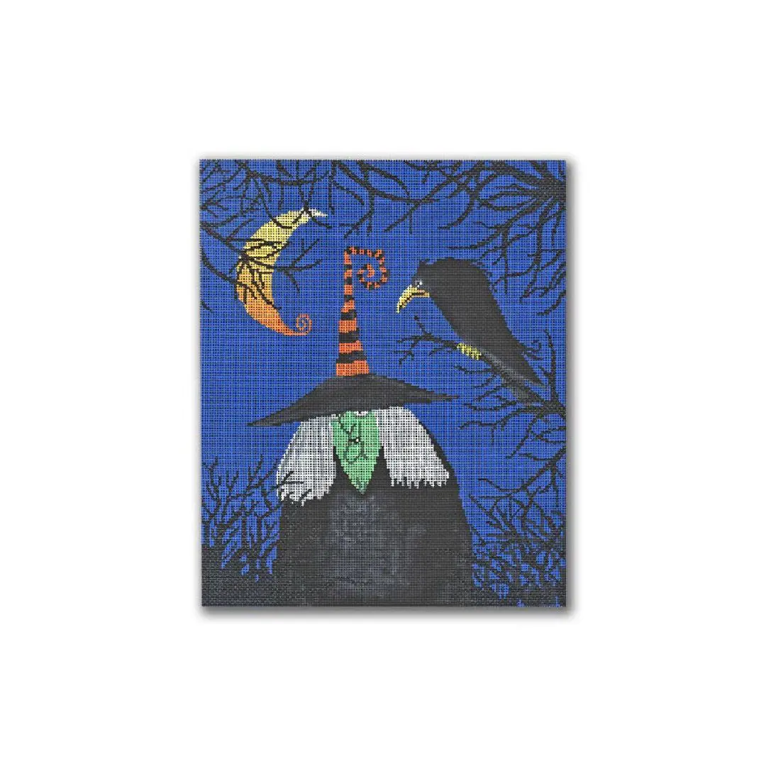 A painting by Cecilia Ohm Eriksen of a witch and crow on a blue background.