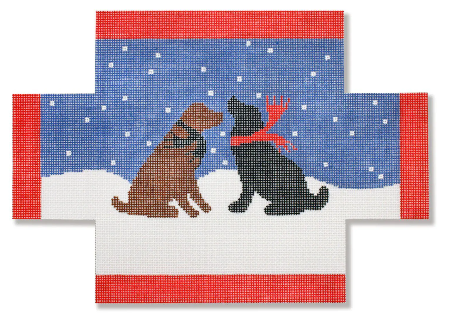 A cross stitch picture of two dogs in the snow by Cecilia Eriksen.