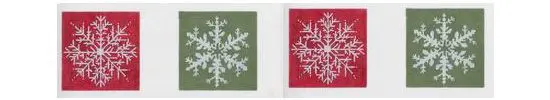 A set of red, green, and white snowflakes on a white background by Cecilia Ohm Eriksen.