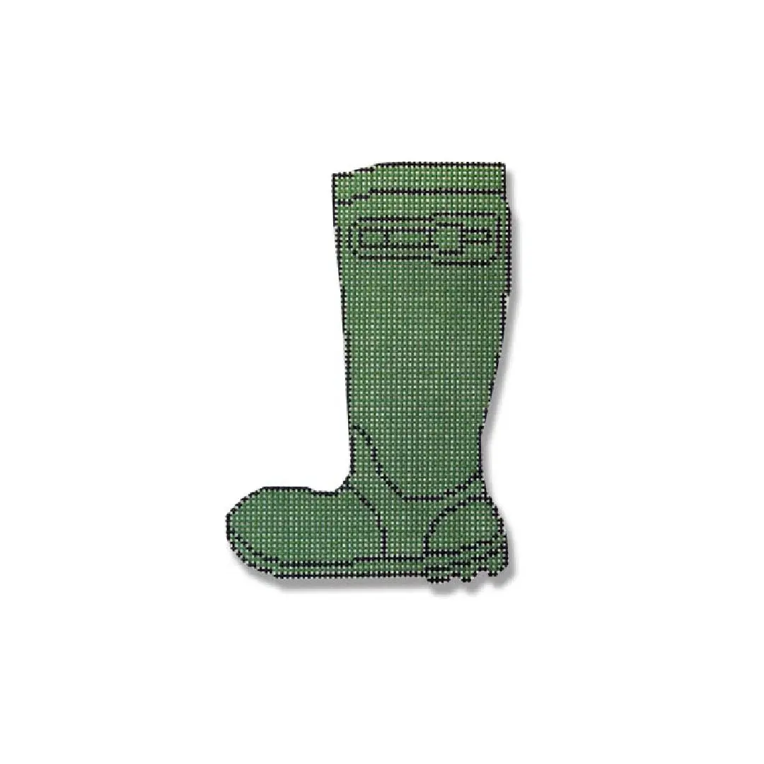 A green wellington boot is shown on a white background.