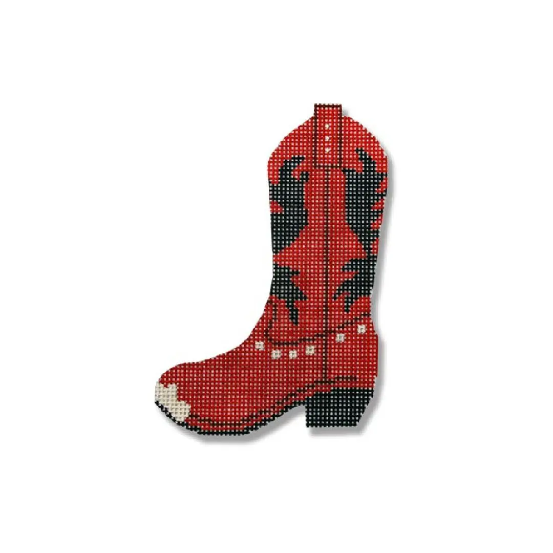 A red cowboy boot on a white background designed by Cecilia Ohm Eriksen.