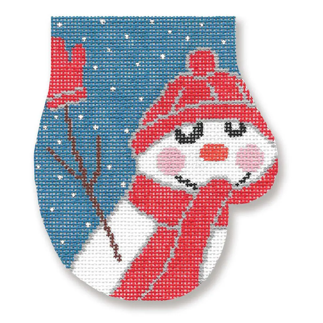 A cross stitch pattern of a snowman holding a mitten designed by Cecilia Ohm Eriksen.