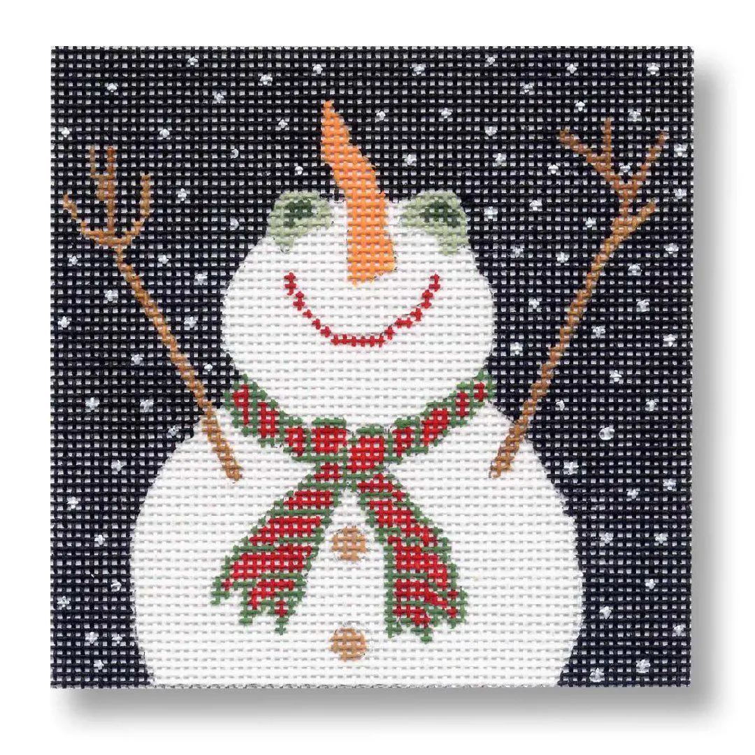 Cecilia, a snowman with a scarf and hat, on a canvas.