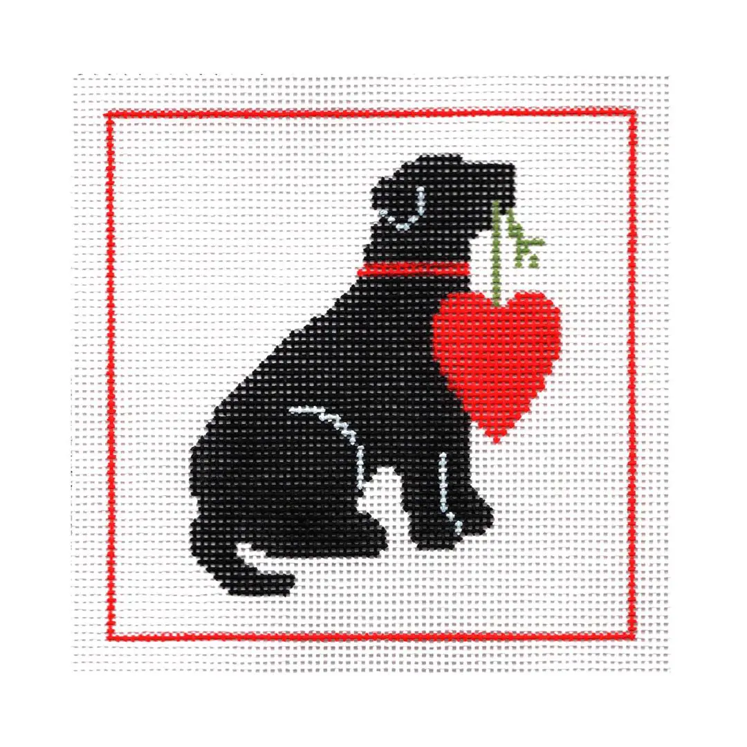 A black labrador dog holding a red heart, inspired by Cecilia Ohm Eriksen.