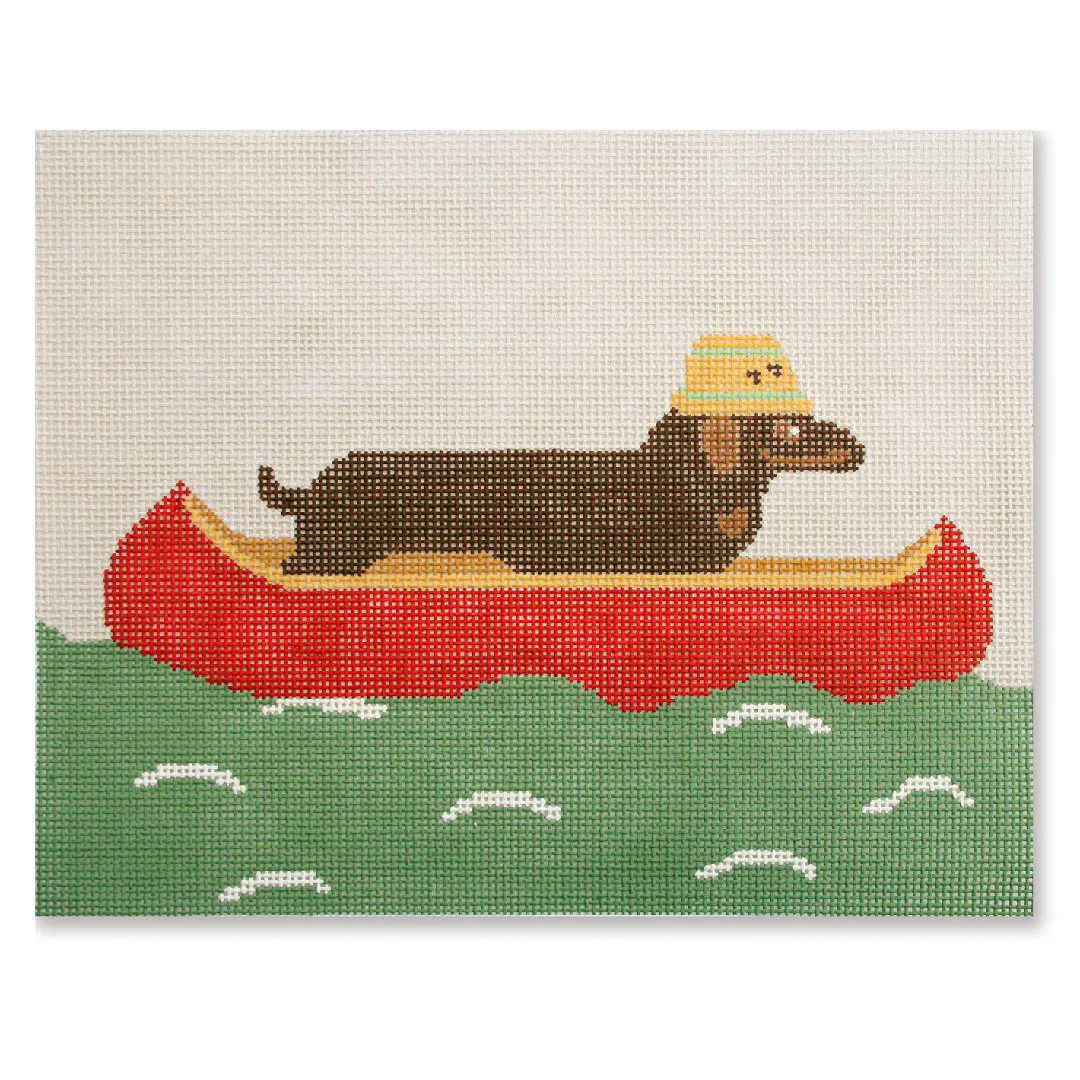 A dachshund  canoe  on a red background.