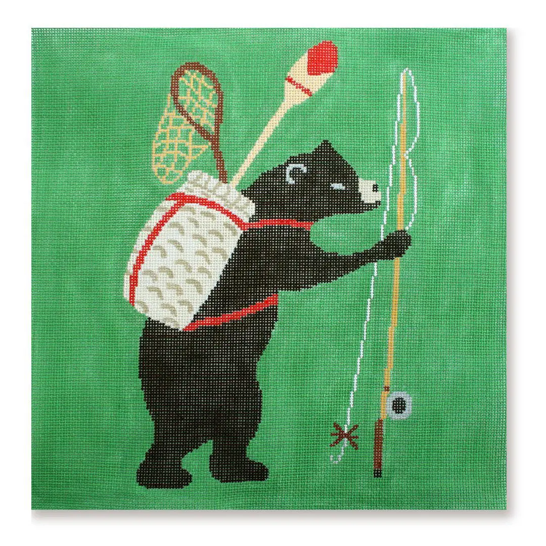 A captivating painting by Cecilia Ohm Eriksen featuring a black bear skillfully maneuvering a fishing rod and net.
