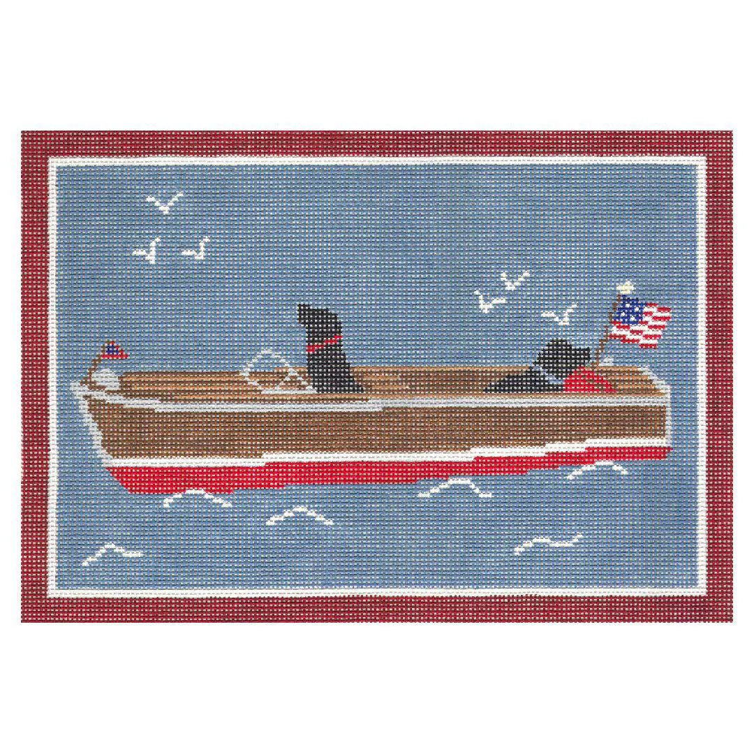 A rug featuring two dogs in a boat on a blue background, designed by Cecilia Ohm Eriksen.