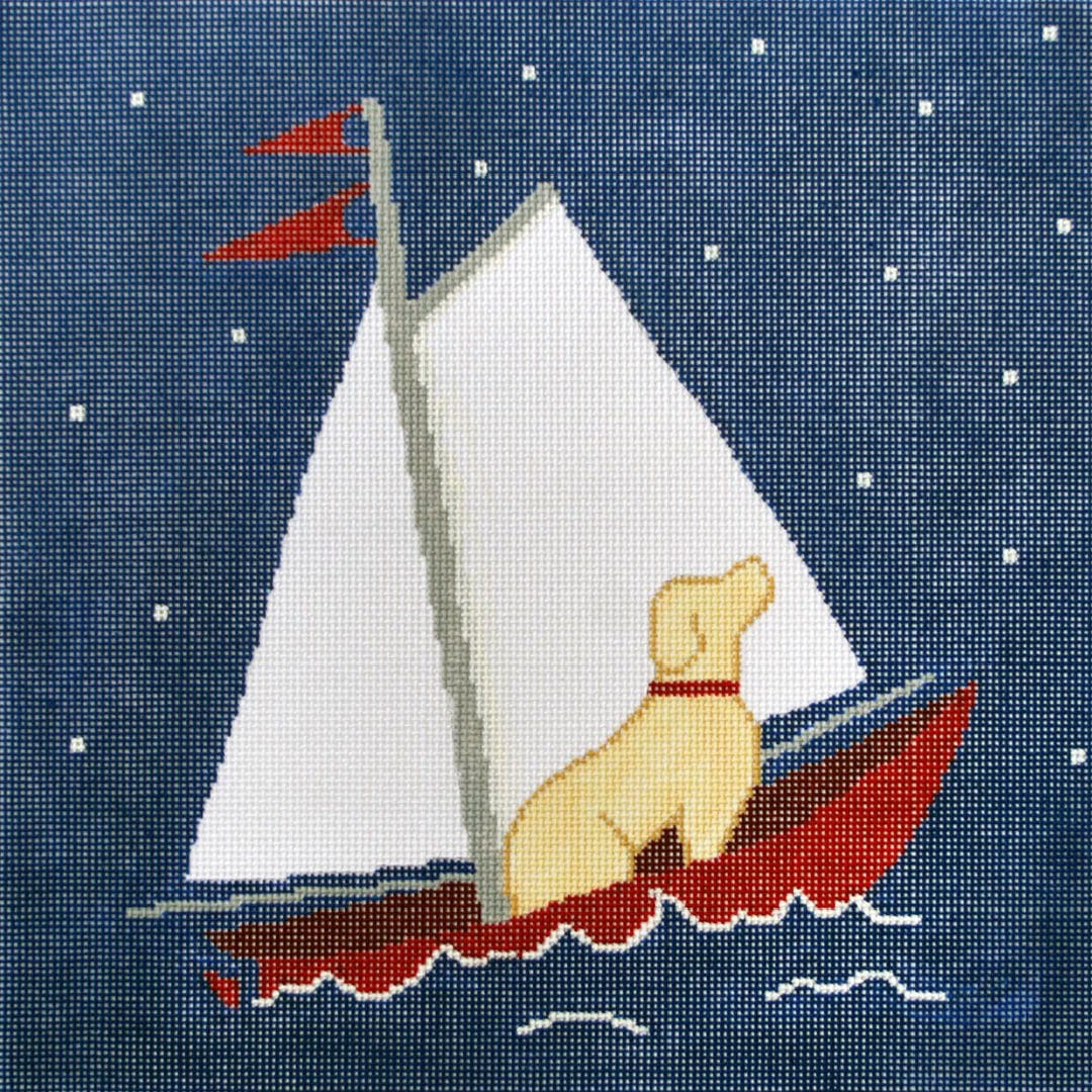 An enchanting cross stitch picture featuring a dog gracefully navigating the open waters aboard a charming sailboat.