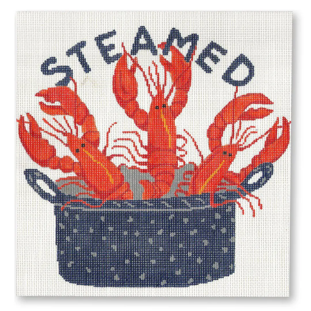 A cross stitch pattern featuring lobsters in a pot designed by Cecilia Ohm Eriksen.
