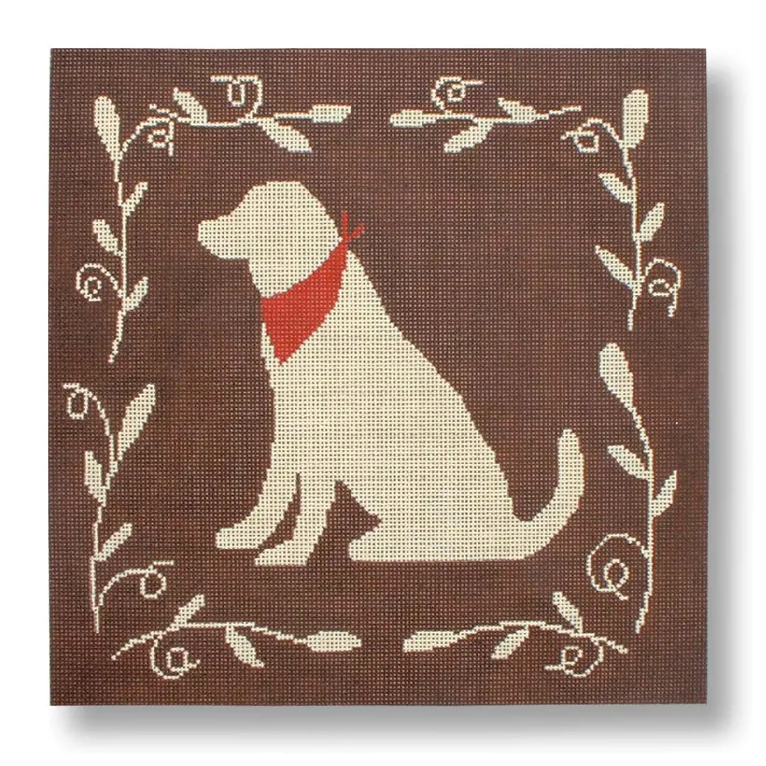 A white dog with a red bandana on a brown background named Cecilia Ohm Eriksen.