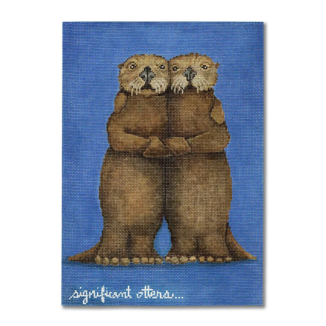 Two otters hugging on a blue background by Cecilia Ohm Eriksen.