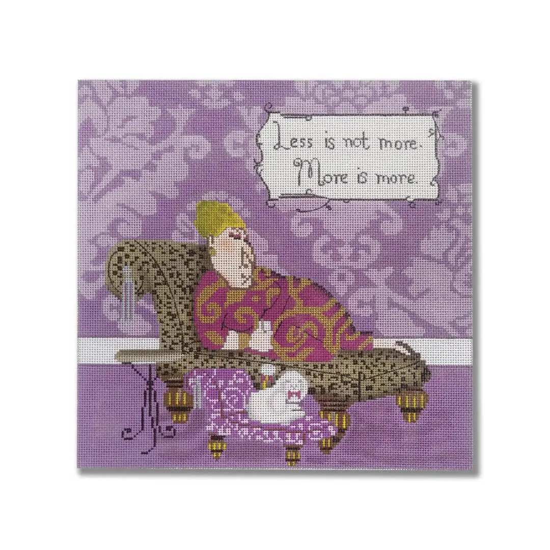 A purple card with a cat sitting on a couch designed by Cecilia Ohm Eriksen.
