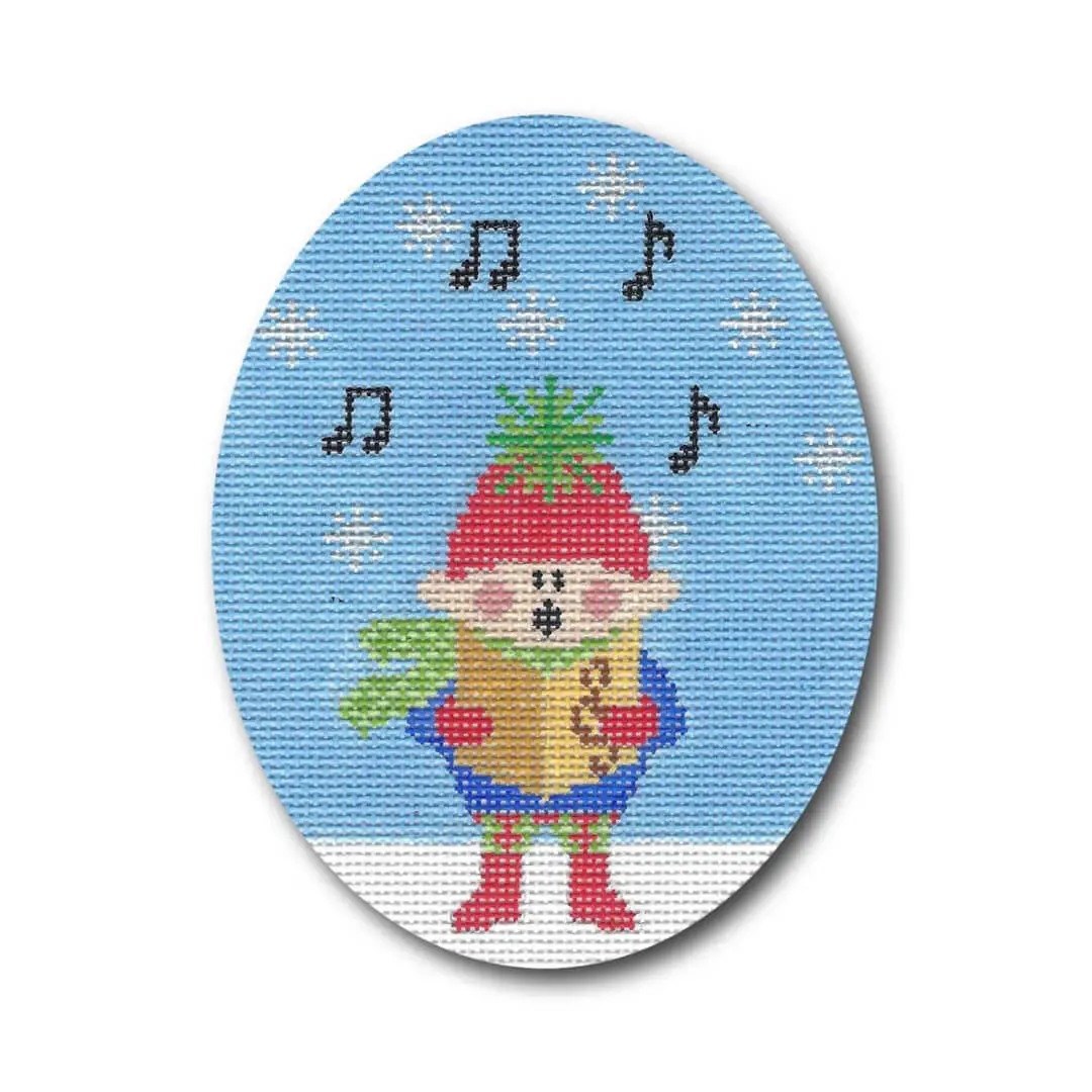 A cross stitch picture of an elf surrounded by music notes.