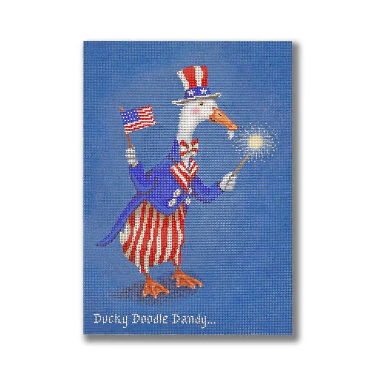 A greeting card with a duck in a patriotic outfit holding an American flag designed by Cecilia Ohm Eriksen.