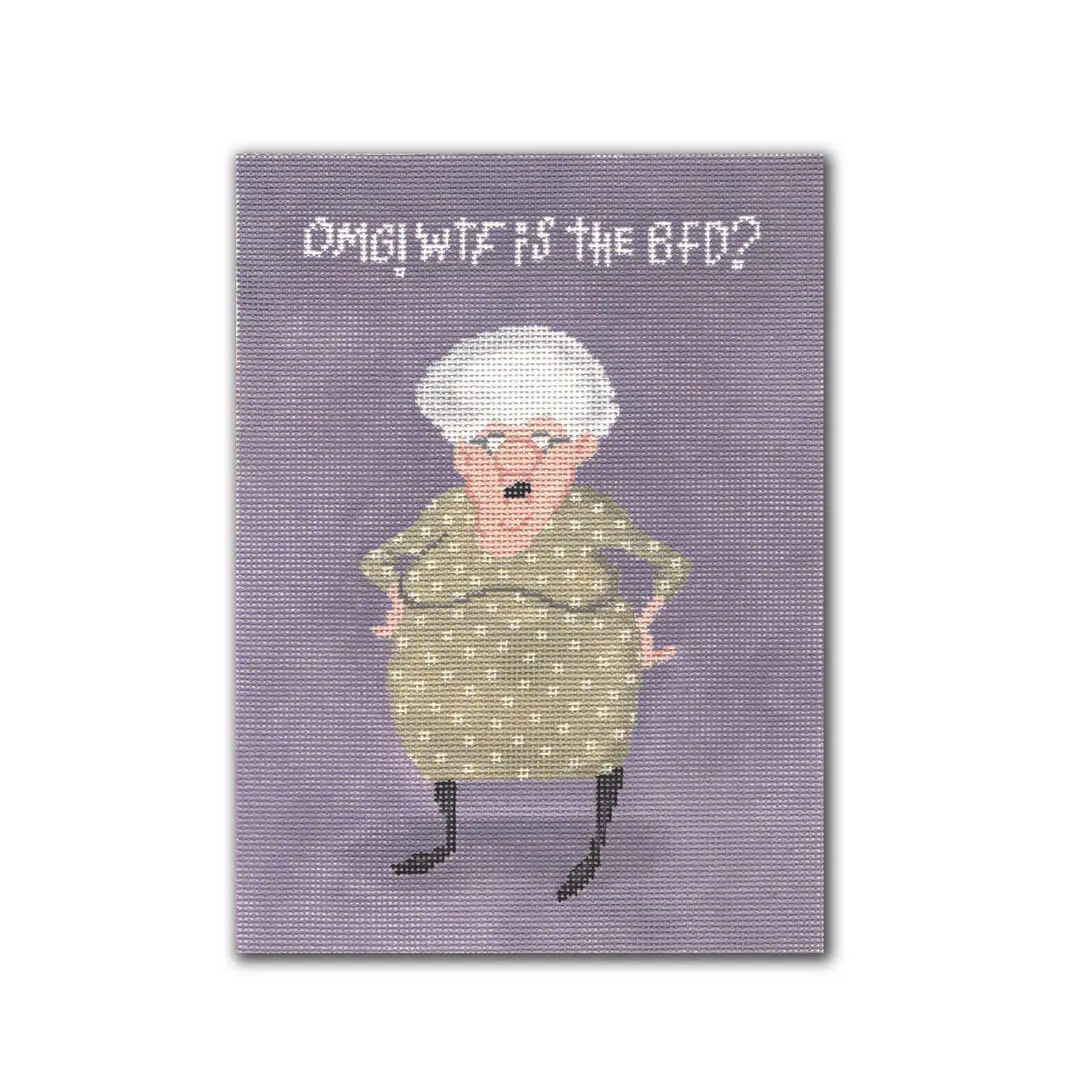 A card featuring Cecilia, an old woman, emphatically asking, "only wife in the bed?