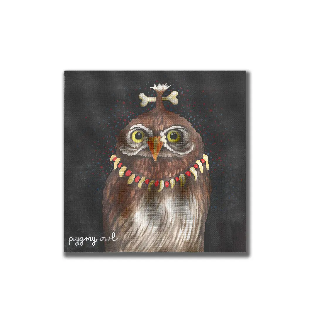A stunning painting by Cecilia of an owl adorned with a necklace.