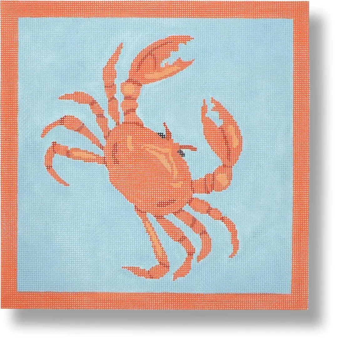 An orange crab on a blue background is elegantly captured in Cecilia Ohm Eriksen's unique artwork.