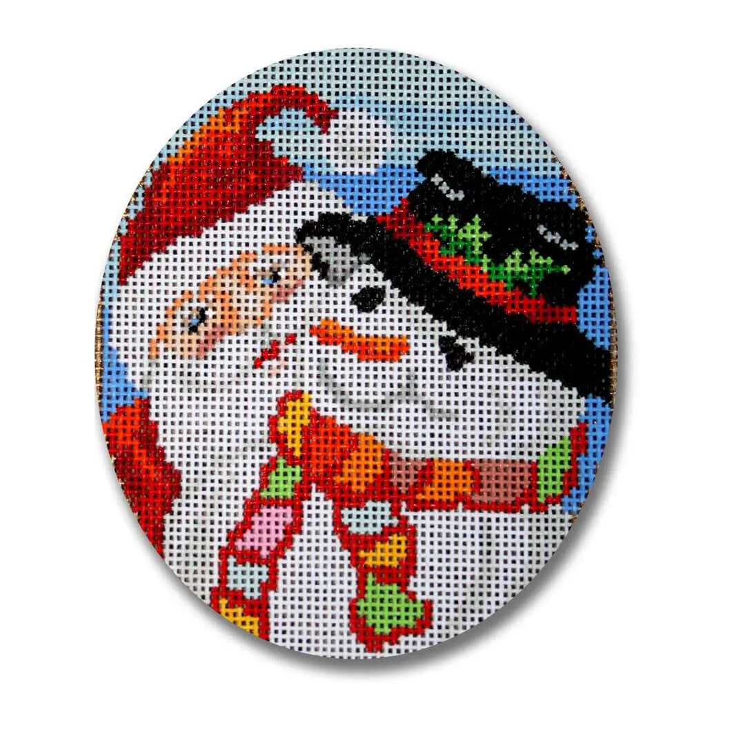 A Cecilia Ohm Eriksen's santa claus and snowman on a round canvas.