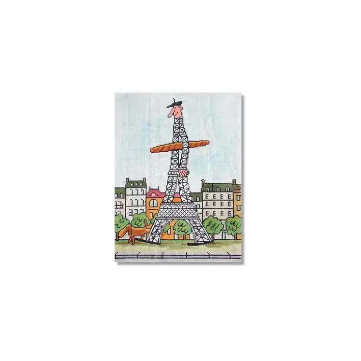 A drawing of the eiffel tower with a dog on it.