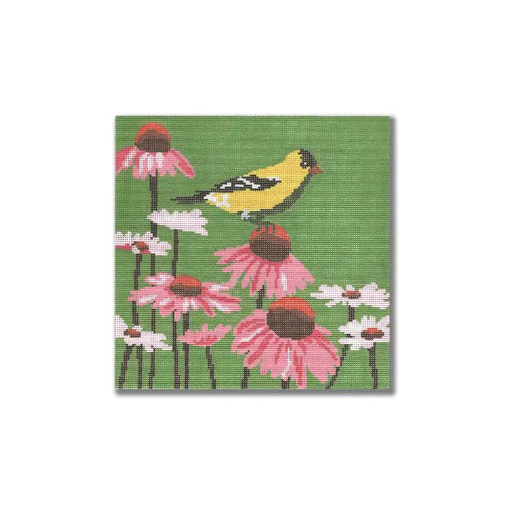 A yellow bird on a green background with pink flowers is artfully captured by Cecilia Ohm Eriksen.