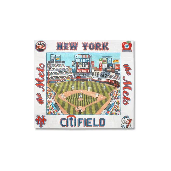 A new york mets canvas with a baseball field in the background.